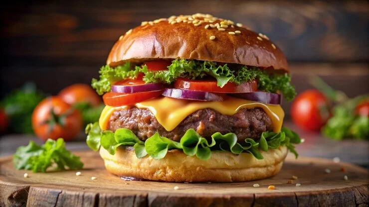 Ein Burger auf einer Holzfläche